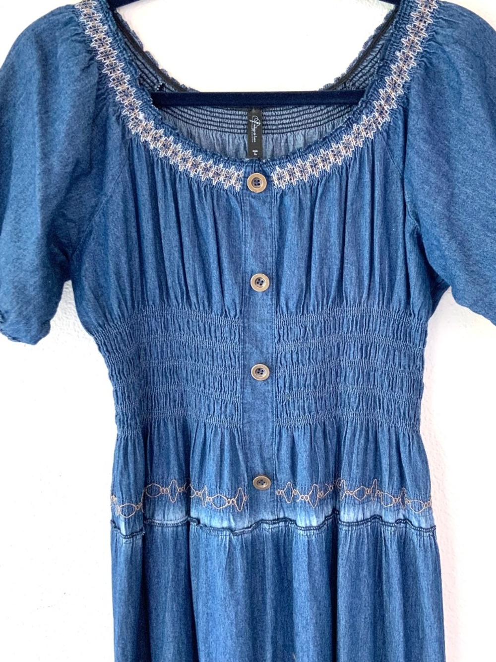 Denim Blue Smocked Button-Front Maxi Dress